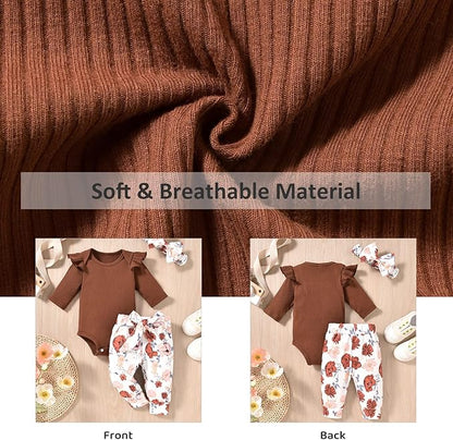 Aalizzwell Preemie Newborn Infant Baby Girls Clothes Ribbed Romper Bodysuit Pants Set Fall Winter Outfits