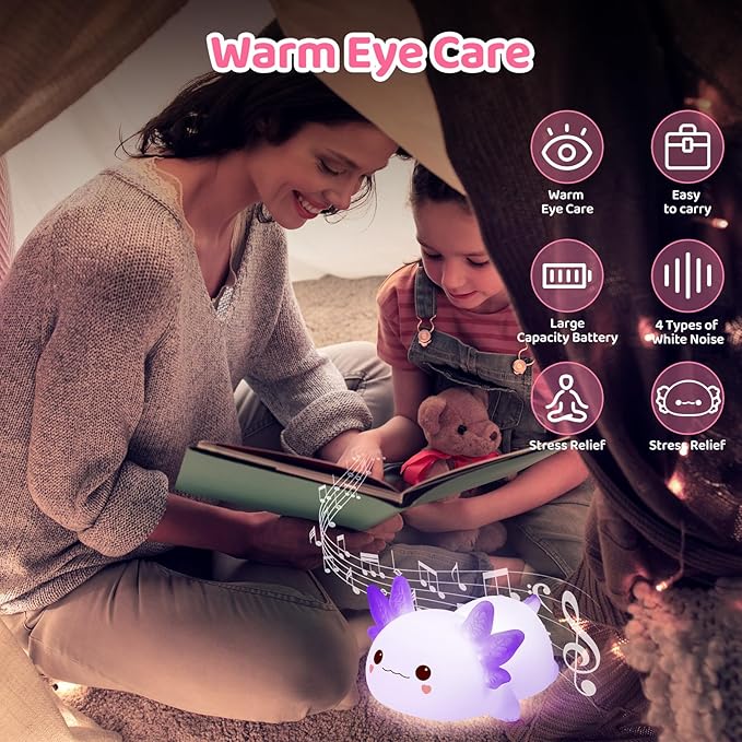 Mewaii Huggwaii Squishy Axolotl Night Light for Kids, Dimmable Silicone Kids Night Light with 4 White Noise, 2025 Upgraded Rechargeable Axolotl Lamp,Toddler Nightlight,Girls&Baby Gifts Room Decor