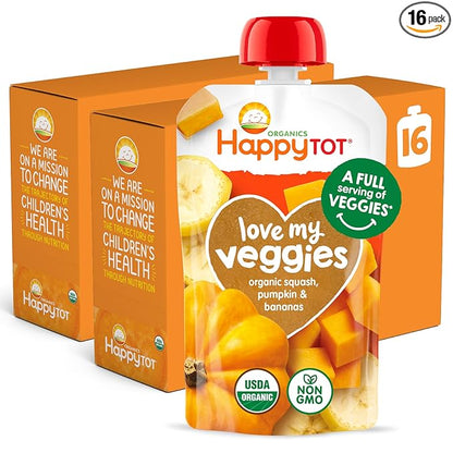 HAPPYTOT Organics Stage 4 Baby Food Pouches,Gluten Free, Vegan Snack, Love My Veggies, Fruit & Veggies Puree,Squash, Pumpkin & Bananas 4.22 oz Pouch (Pack of 16)