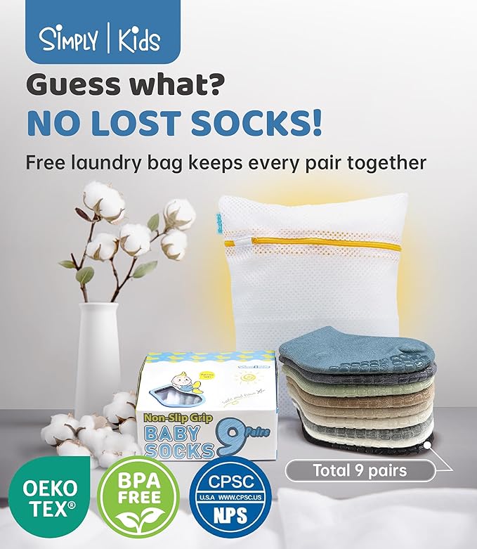 Baby Mid-Crew Socks with Grips (9 Pairs) for 0-7 Years Old Toddler Boy Girl Kids