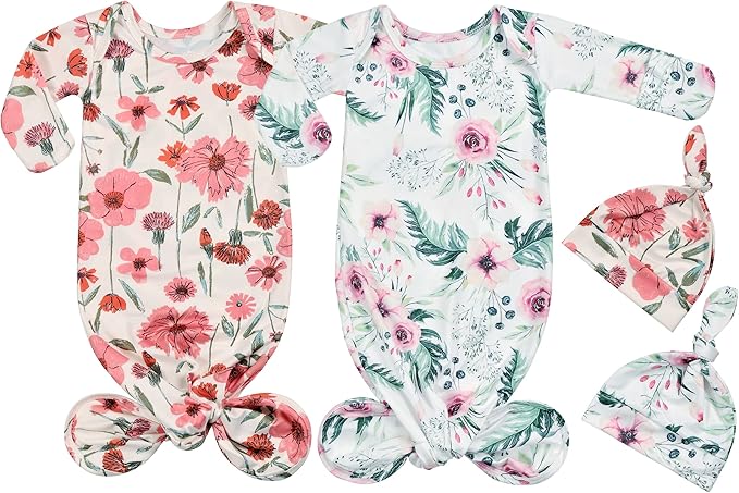 Newborn Baby Boy Long Sleeve Sleeper Gown with Mittens Knotted Gown Coming Home Outfit Nightgown Hat Set 2 Pieces