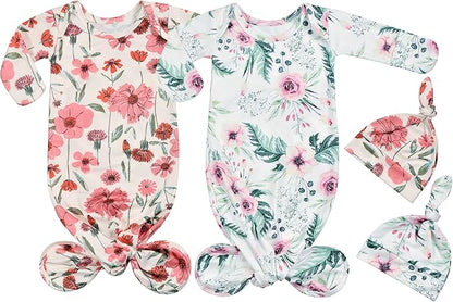 Newborn Baby Boy Long Sleeve Sleeper Gown with Mittens Knotted Gown Coming Home Outfit Nightgown Hat Set 2 Pieces