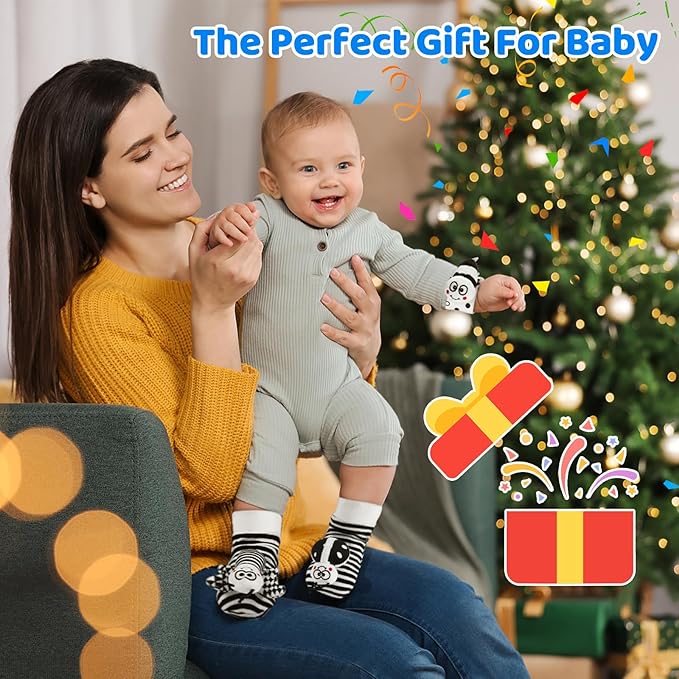 Baby Rattle Socks & Wrist Toys for Newborns, 0-12 Months, High Contrast Black & White Toys for Brain Development, Infant Gift Boy and Girl