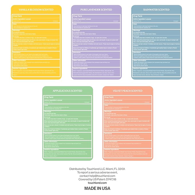 Touchland Hydrating Hand Sanitizer Spray, BLOSSOM 5 Set (Lavender, Vanilla, Rainwater, Peach, Applelicious), 1 FL. OZ. Travel Size Power Mist Sprays (Set of 5)