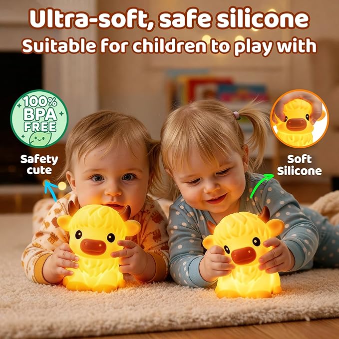 Mewaii Huggwaii Highland Cow Night Light for Kids, Dimmable Squishy Silicone Animal Night Light Touch Cow Lamp, Highland Cow Gifts for Nursery with 30 Auto-Off Timer, Cute Decor for Boys Girls Women