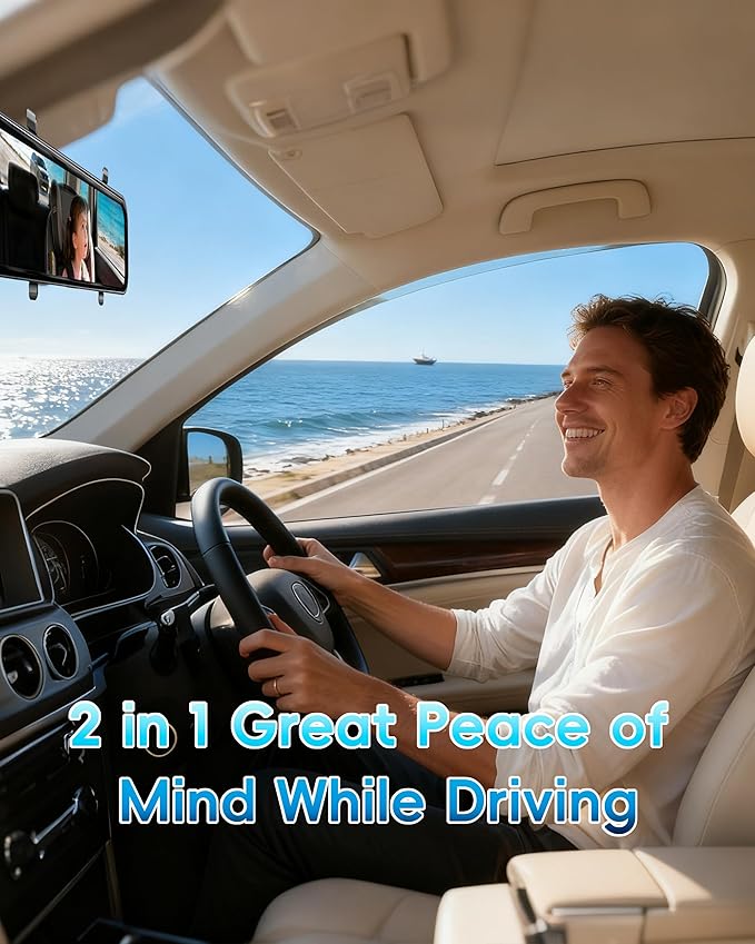 2-in-1 4K Mirror Dash Cam with Baby Monitor for Carseat, 12" 2.5K Rear View Mirror Camera with Backseat Car Baby Camera 1080P,WiFi,GPS,APP,Nigh Vision,128G SD Card,Dash Camera for Family Car Safety