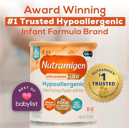 Enfamil Nutramigen Hypoallergenic Baby Formula with Iron, Lactose Free, Colic Relief from Cow's Milk Allergy Starts in 24 Hours, Brain Building DHA, Probiotic LGG for Immune Support, 27.8 Oz, 4 Count