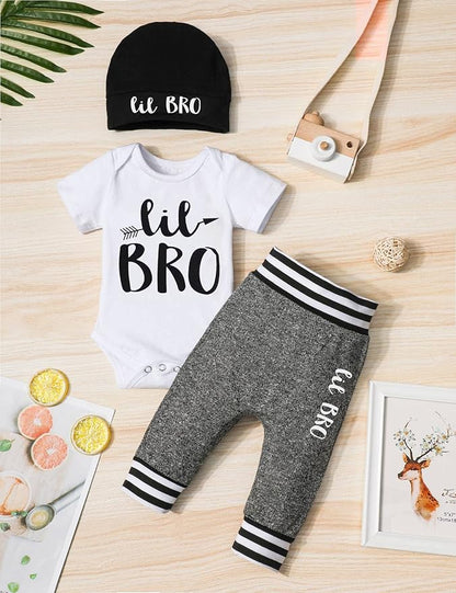 Fommy Newborn Baby Boy Clothes New to The Crew Letter Print Romper+ Pants+Hat 3PCS Outfit