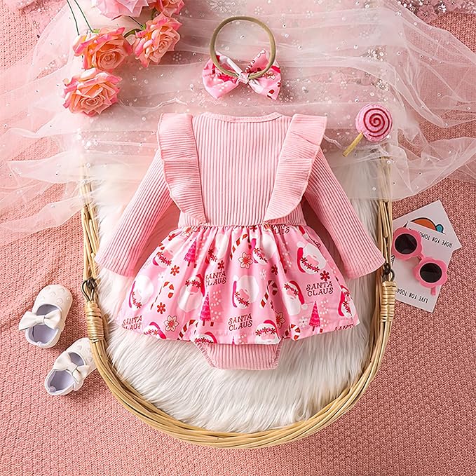 Hnyenmcko Newborn Baby Girl Christmas Clothes Infant Red Plaid Romper Dress Ruffle Long Sleeve Ribbed Bodysuit Headband Set