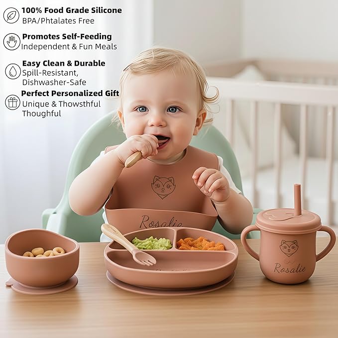 Personalized Name Food Grade 6pcs Baby Feeding Set with Spoon, Fork,Silicone Suction Bowls,Cup,Plate,and bib BPA Free - First Stage Self Feed (Color Modern Terracotta Y27)