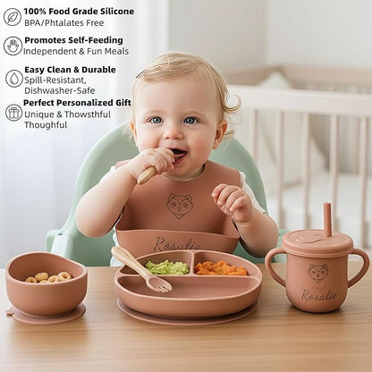 Personalized Name Food Grade 6pcs Baby Feeding Set with Spoon, Fork,Silicone Suction Bowls,Cup,Plate,and bib BPA Free - First Stage Self Feed (Color Modern Terracotta Y27)