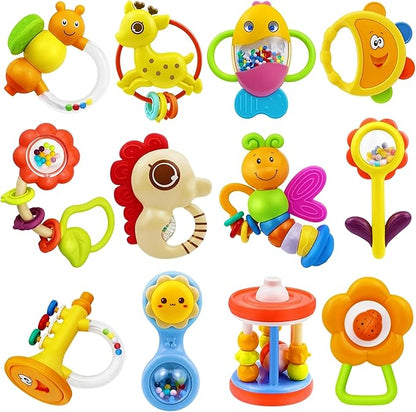 MOONTOY 12pcs Baby Rattles for Babies 0-6 Months Teething Toys 3-6 Months, Newborn Infant Teethers Baby Toys 6-12 Months, Montessori Baby Easter Basket Stuffers Gifts 1 2 3 4 5 6 7 9 10 Month Boy Girl