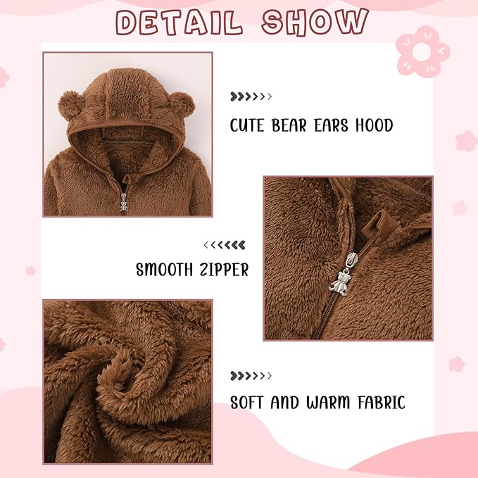 Baby Toddler Boys Girls Fleece Jacket with Hood Zip Up Cute Bear Coats for Infant Boys Girls Fuzzy Jacket with Ear 1-5T