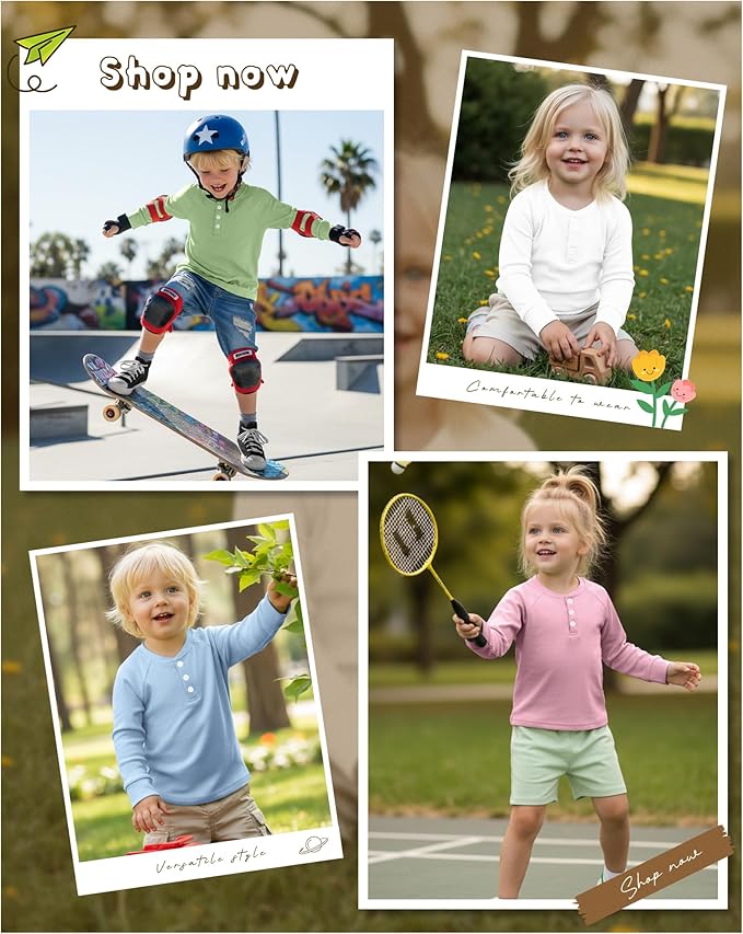 4 Pack Boys' Long Sleeve Shirts Girls' Henley Tees Toddler Baby Knit Casual Tops Kids Fall Clothes Unisex