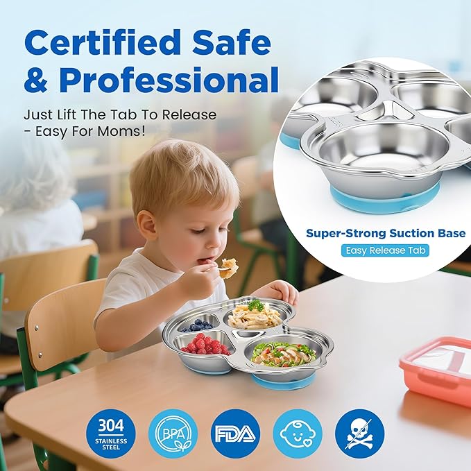 Stainless Steel Baby Suction Plates: Divided Plates Designed for Babies and Toddlers, Made of 100% Food-Grade Materials Ideal for Baby-Led Weaning BPA-Free Toddler Feeding Dishwasher Safe Blue