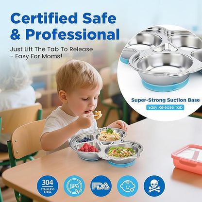 Stainless Steel Baby Suction Plates: Divided Plates Designed for Babies and Toddlers, Made of 100% Food-Grade Materials Ideal for Baby-Led Weaning BPA-Free Toddler Feeding Dishwasher Safe Blue