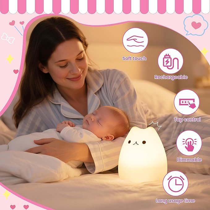 Night Light for Kids, Rechargeable Dimmable Silicone LED Nightlight with 7 Colors, Baby Nursery Night Lamp, Touch Squishy Lamp, Cute Gifts for Girls, Boys, Toddler Room Decor, Cat