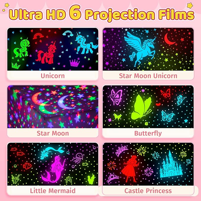 Onefire Girls Toys for Girl Gifts, 6 Films Light Projector Unicorn Toys for Girls Age 4-6, Rechargeable Night Lights for Bedroom, 360° Rotating Butterfly Decor Mermaid Gifts Princess Baby Toddler Toys