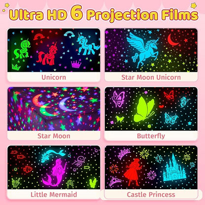 Onefire Girls Toys for Girl Gifts, 6 Films Light Projector Unicorn Toys for Girls Age 4-6, Rechargeable Night Lights for Bedroom, 360° Rotating Butterfly Decor Mermaid Gifts Princess Baby Toddler Toys