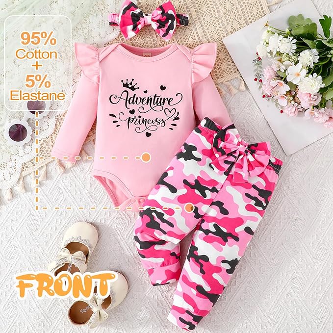 GDTOGRT Newborn Baby Girl Clothes Outfit Set Sweet Ruffle Romper, Pants and Headband 0 3 6 9 12 18 Months Infant Clothing