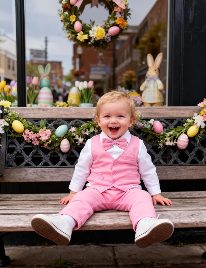 A&J DESIGN Baby Boy Suits Clothes Infant Toddler Formal Gentleman Outfits, Dress Shirt + Vest + Bow Tie + Pants Wedding Set