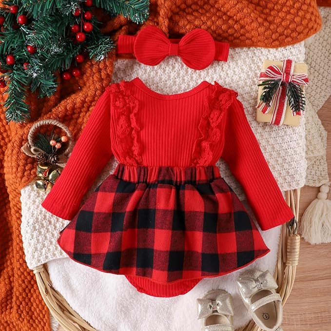 Newborn Christmas Outfit Baby Girl Plaid Romper Dress Infant Ruffle Long Sleeve Ribbed Bodysuit Headband Clothes
