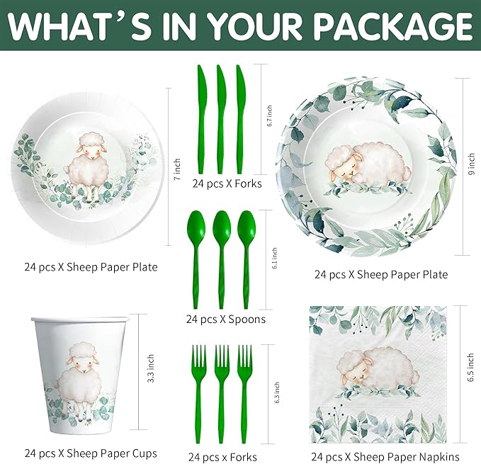 Sheep Baby Shower Decorations Tableware - Farm Animal Lamb Sheep Birthday Party Supplies, Plate, Cup, Napkin, Disposable Cutlery, Lamb Baby Shower Decorations And Supplies | Serve 24
