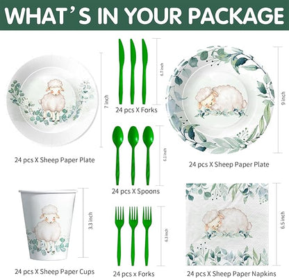 Sheep Baby Shower Decorations Tableware - Farm Animal Lamb Sheep Birthday Party Supplies, Plate, Cup, Napkin, Disposable Cutlery, Lamb Baby Shower Decorations And Supplies | Serve 24