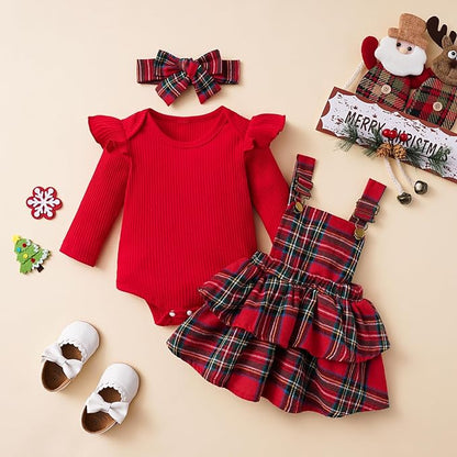 Hnyenmcko Newborn Baby Girl Christmas Clothes Infant Red Plaid Romper Dress Ruffle Long Sleeve Ribbed Bodysuit Headband Set
