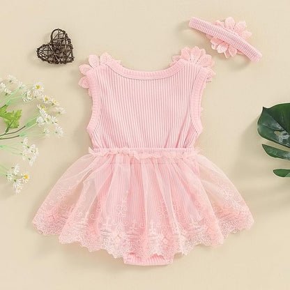 Infant Baby Girl Lace Romper Baby Tulle Dress Romper Flowers Bodysuit Spring Summer Festival Clothes with Headband