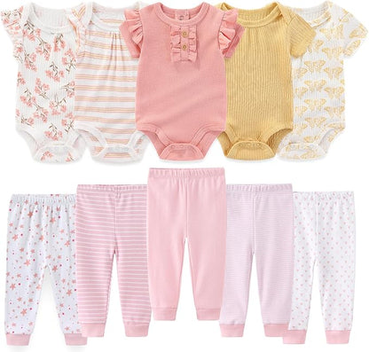 Baby Boy Girl 10 Piece Combined Type Clothing Set Cotton Baby Bodysuits and Pants Set Home Outdoor Infant Clothes