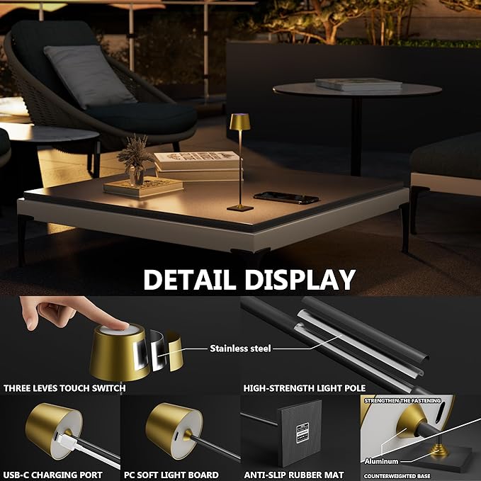 Compact Cordless Table Lamp, Rechargeable LED Night Light, Dual Light Source (RGB Top & Warm Bottom), Touch Control & Timer, Metal Lamp for Bedroom & Kids Room (Antique Brass & Black)