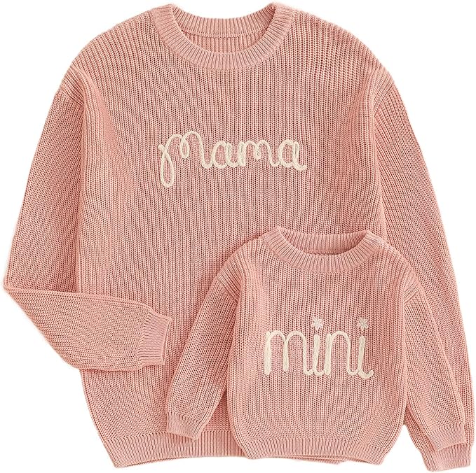 Mommy and Me Sweater Matching Family Outfit Long Sleeve Knit Sweater Pullover Mom and Baby Clothes