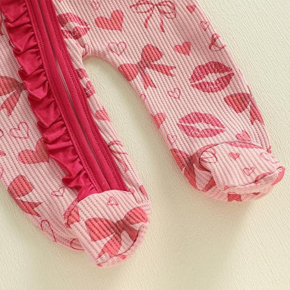 Newborn Baby Girl Valentines Day Outfit Ruffles Bow Footie Long Sleeve Romper Jumpsuit Bodysuit Overalls Fall Clothes