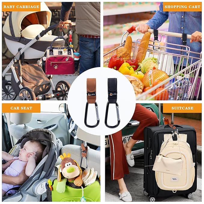 2 Pcs Brown Baby Stroller Hooks for Hanging | Multipurpose Stroller Straps with Durable and Stylish Stroller Clips for Diaper Bags | The Perfect Mummy Hook for Pram, Wheelchair, Shopping and Pet Carts