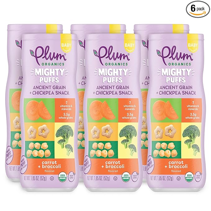 Plum Organics Mighty Puffs Ancient Grain + Chickpea Snack, Carrot + Broccoli Flavor, Baby Crawlers, Kosher, USDA Certified Organic, Non-GMO, 1.85 Ounce (Pack of 6)
