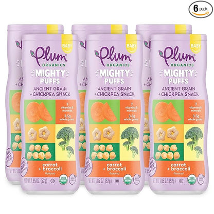 Plum Organics Mighty Puffs Ancient Grain + Chickpea Snack, Carrot + Broccoli Flavor, Baby Crawlers, Kosher, USDA Certified Organic, Non-GMO, 1.85 Ounce (Pack of 6)