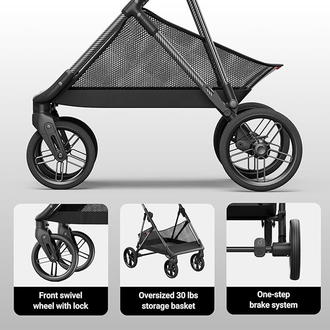 MAMAZING Air Lux Baby Stroller, Strength Carbon Fiber Frame & Only 15.8lbs, Infant Stroller with Bassinet & Cup Holder, One-Hand Compact Folding & Reversible Seat, Soft Insert & Car Seat Adapter