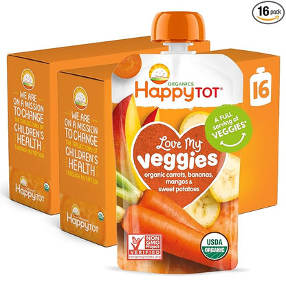HAPPYTOT Organics Stage 4 Baby Food Pouches, Gluten Free, Vegan Snack, Love My Veggies, Fruit & Veggie Puree, Carrot, Banana, Mango & Sweet Potato, 4.22 Ounce (Pack of 16)