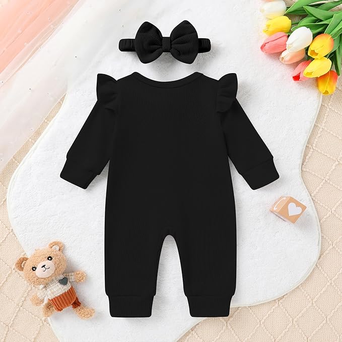 Newborn Baby Girl Cute Bear Ruffle Long Sleeve Jumpsuit Ribbed Bodysuit One-Piece Button Romper with Headband 0-18M