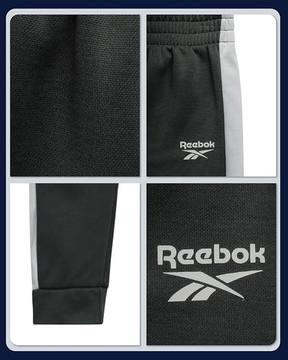 Reebok Baby Boy Pants Set - 3 Piece Tricot Fleece Jogger Pants Short Sleeve T Shirt & Track Jacket for Toddlers & Infants