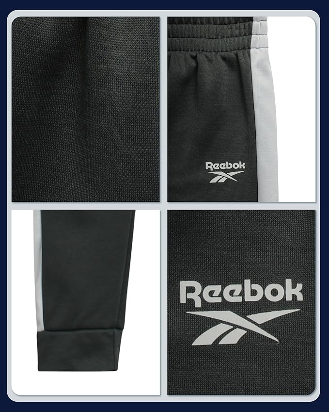 Reebok Baby Boy Pants Set - 3 Piece Tricot Fleece Jogger Pants Short Sleeve T Shirt & Track Jacket for Toddlers & Infants