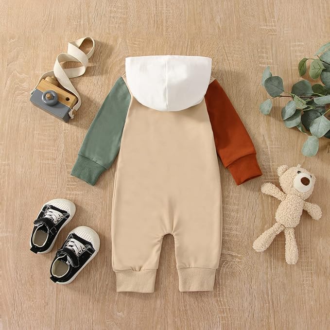 BemeyourBBs Newborn Baby Boy Clothes Color Block Long Sleeve Zipper Hooded Romper with Pocket Fall Winter One Piece Outfits