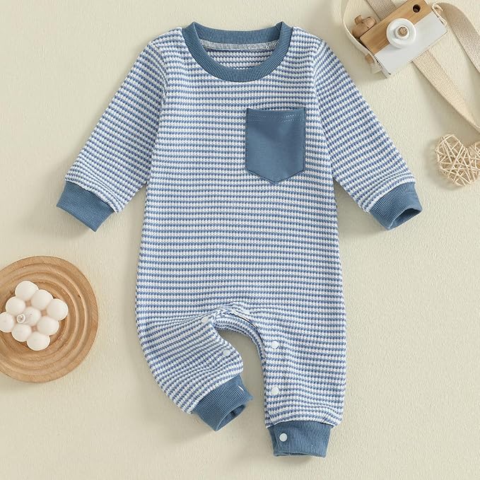 VISGOGO Newborn Infant Baby Boy Waffle Cotton Romper Clothes Onesie Stripe Jumpsuit 0 3 6 12 18 Months Long Sleeve Outfits