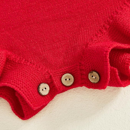 Infant My First Valentines Baby Girl Outfit Newborn Button Heart Embroidery Knit Romper Bubble Bodysuit One Piece