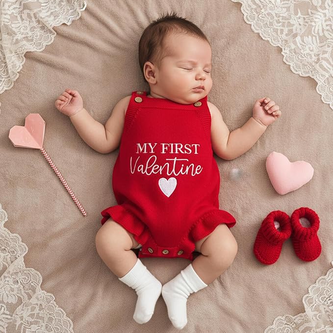 Infant My First Valentines Baby Girl Outfit Newborn Button Heart Embroidery Knit Romper Bubble Bodysuit One Piece