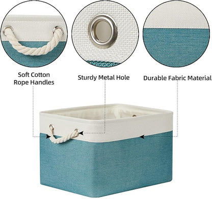 Bidtakay Basket Storage Bins with Handles Fabric Large Storage Baskets for Organizing Set of 3 Collapsible Rectangular Basket for Shelves Closet Organizer 15 X 11 X 9.5 Inches(White&Teal Blue)
