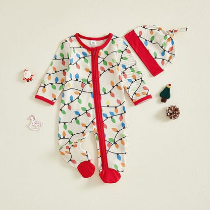 Baby Girl Boy Christmas Outfit Long Sleeve Lights Zipper Footie Romper Cute Newborn Infant Waffle Jumpsuit