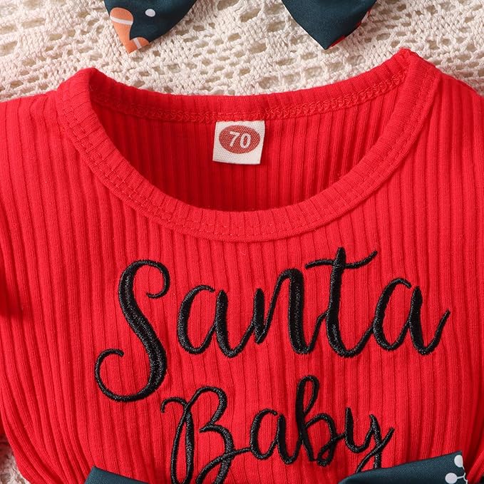 Newborn Christmas Outfit Baby Girl Plaid Romper Dress Infant Ruffle Long Sleeve Ribbed Bodysuit Headband Clothes