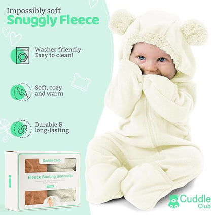 Cuddle Club Fleece Baby Bunting Bodysuit with Hood, Convertible Mittens & Booties, Car Seat Friendly, Soft & Warm, Easy Zip